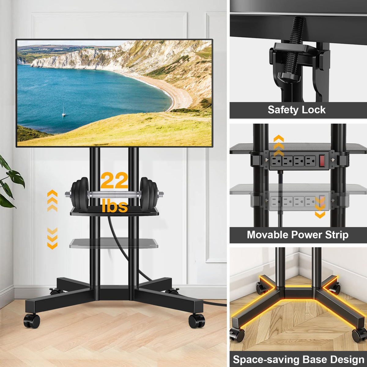 TVON rolling TV stand cable management keeps cables tidy and organized