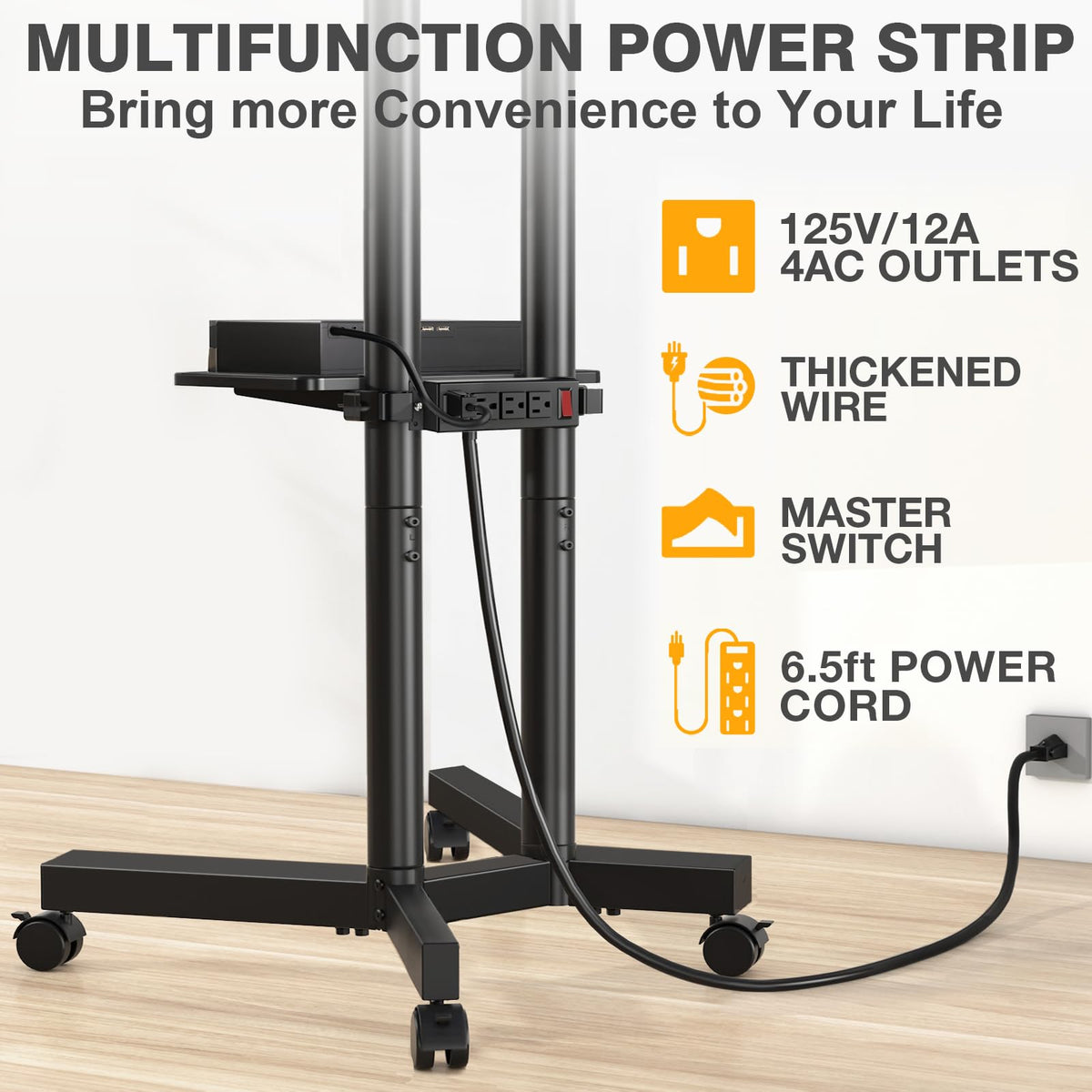 TVON rolling TV stand with dual poles and X-base for stable support