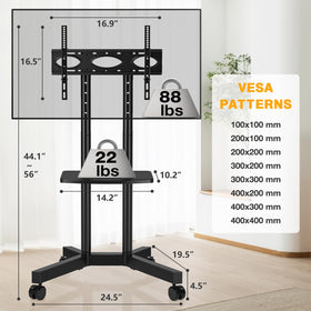 TVON rolling TV stand in a living room setup showing versatile placement