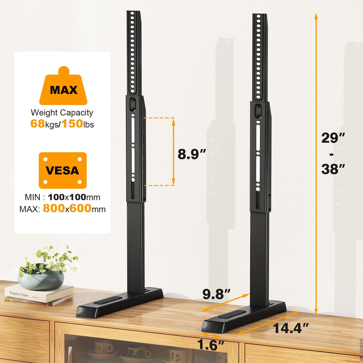 TVON side profile on a media cabinet illustrating compact footprint and space saving