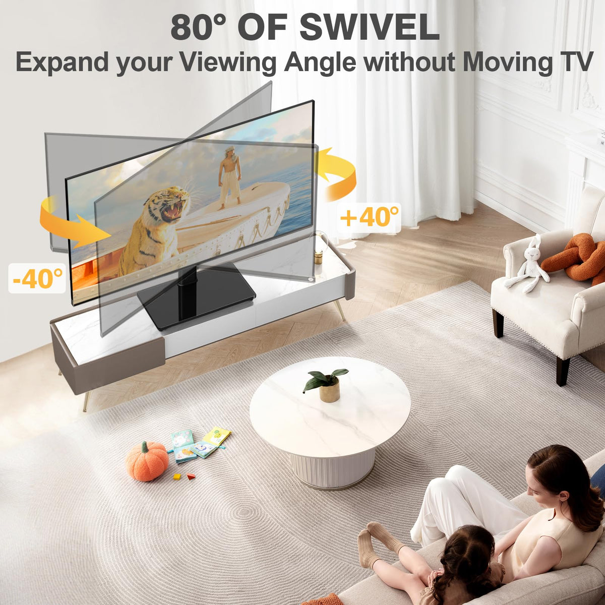 TVON side profile demonstrating swivel range and flexible viewing benefit