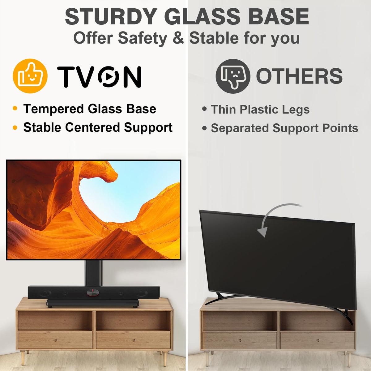 TVON TV in use on a console demonstrating compact footprint and room versatility