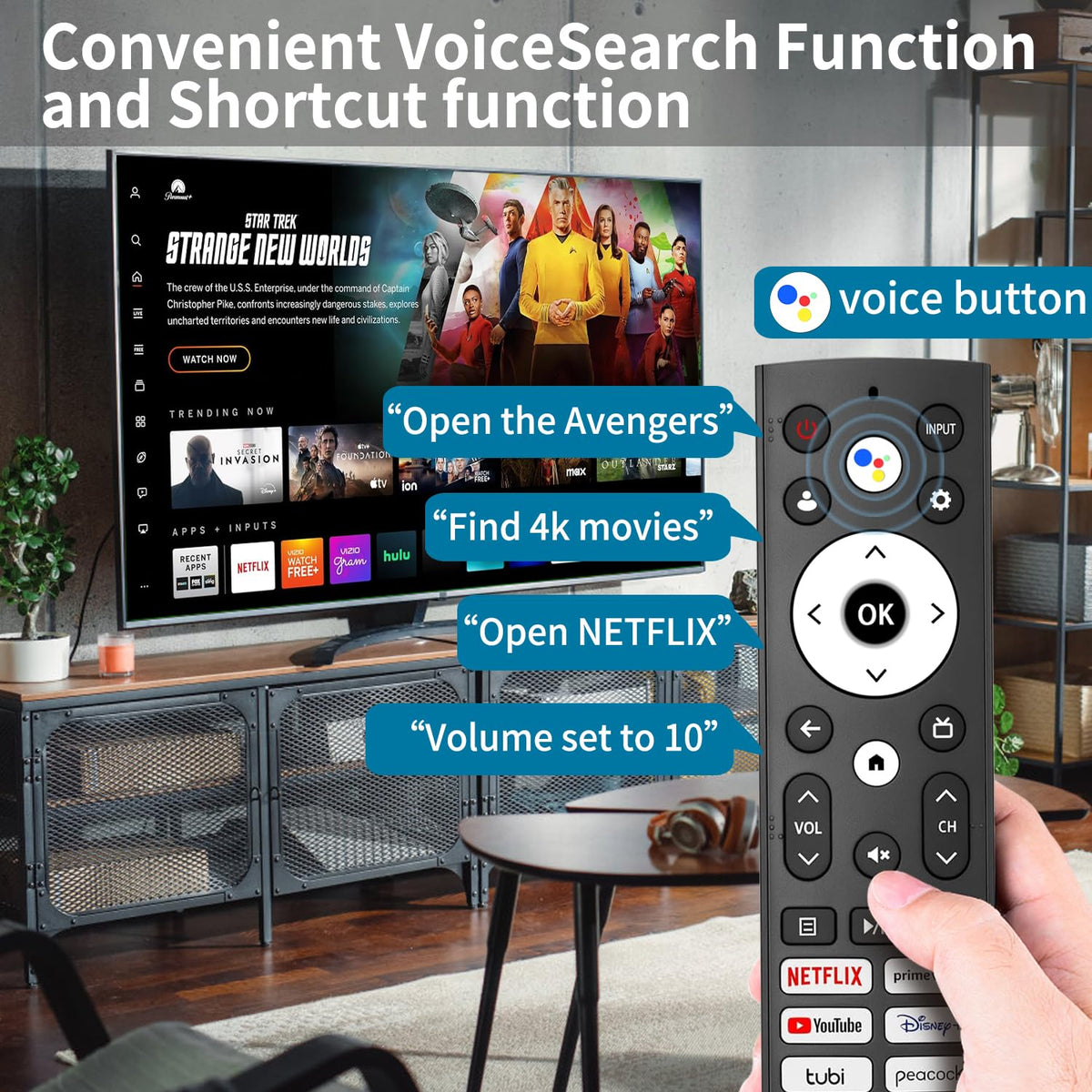 TVSEN remote button layout showing intuitive navigation and quick-access keys.
