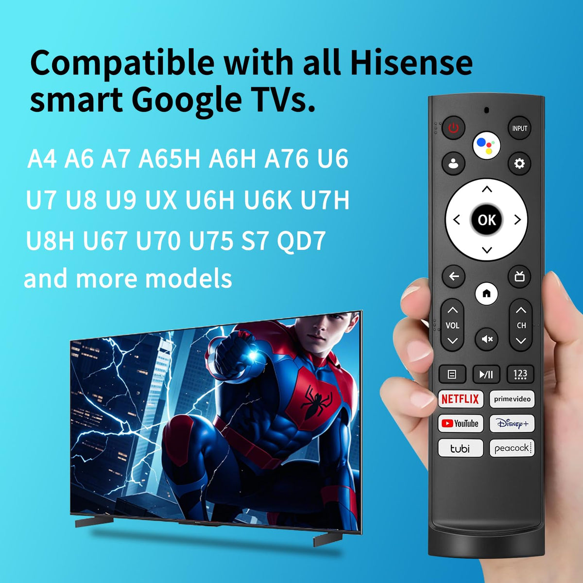 TVSEN remote with voice control for hands-free search and commands.