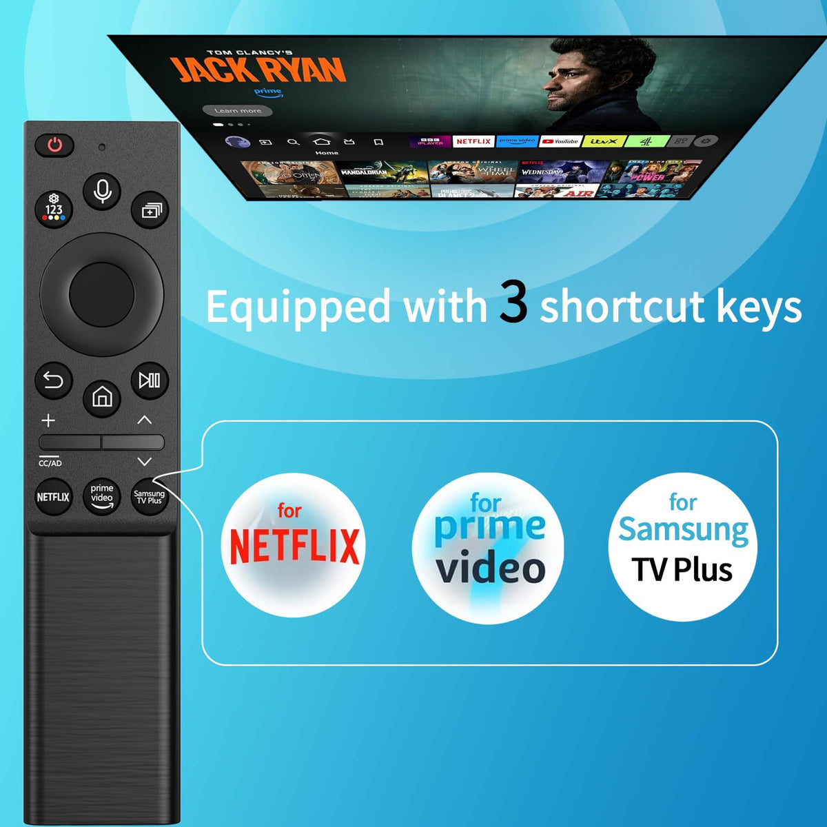 TVSEN solar remote back with battery compartment visible, shows no disposable batteries
