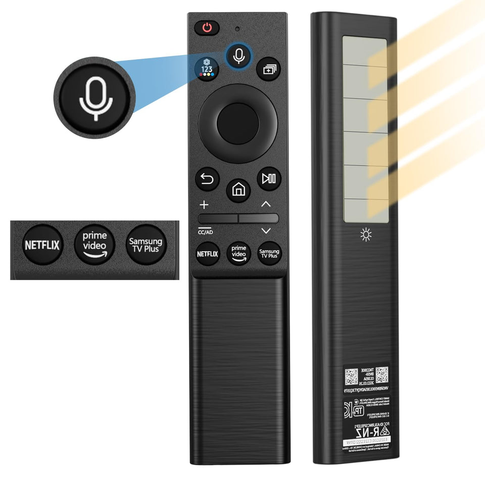 TVSEN solar remote front view showing buttons and voice microphone, easy control