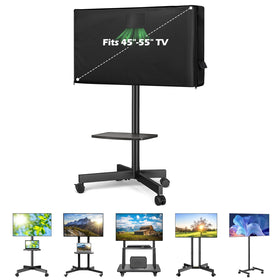 TWAKAP outdoor TV cover on a mobile cart shields a 45-55 inch screen from dust.
