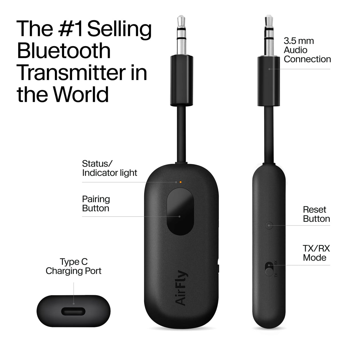 Twelve South AirFly Pro pairing button close-up for easy Bluetooth connection setup