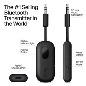 Twelve South AirFly Pro pairing button close-up for easy Bluetooth connection setup