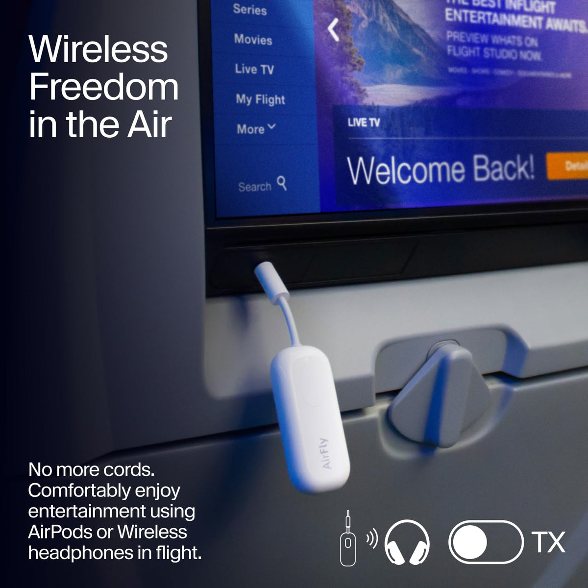 Twelve South AirFly Pro plugged into airplane entertainment, wireless headphone use