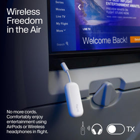 Twelve South AirFly Pro plugged into airplane entertainment, wireless headphone use