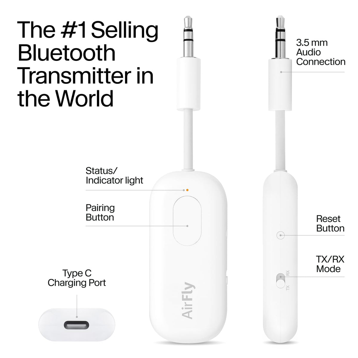 Twelve South AirFly Pro USB-C charging port detail, fast recharging benefit