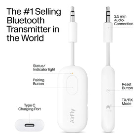 Twelve South AirFly Pro USB-C charging port detail, fast recharging benefit