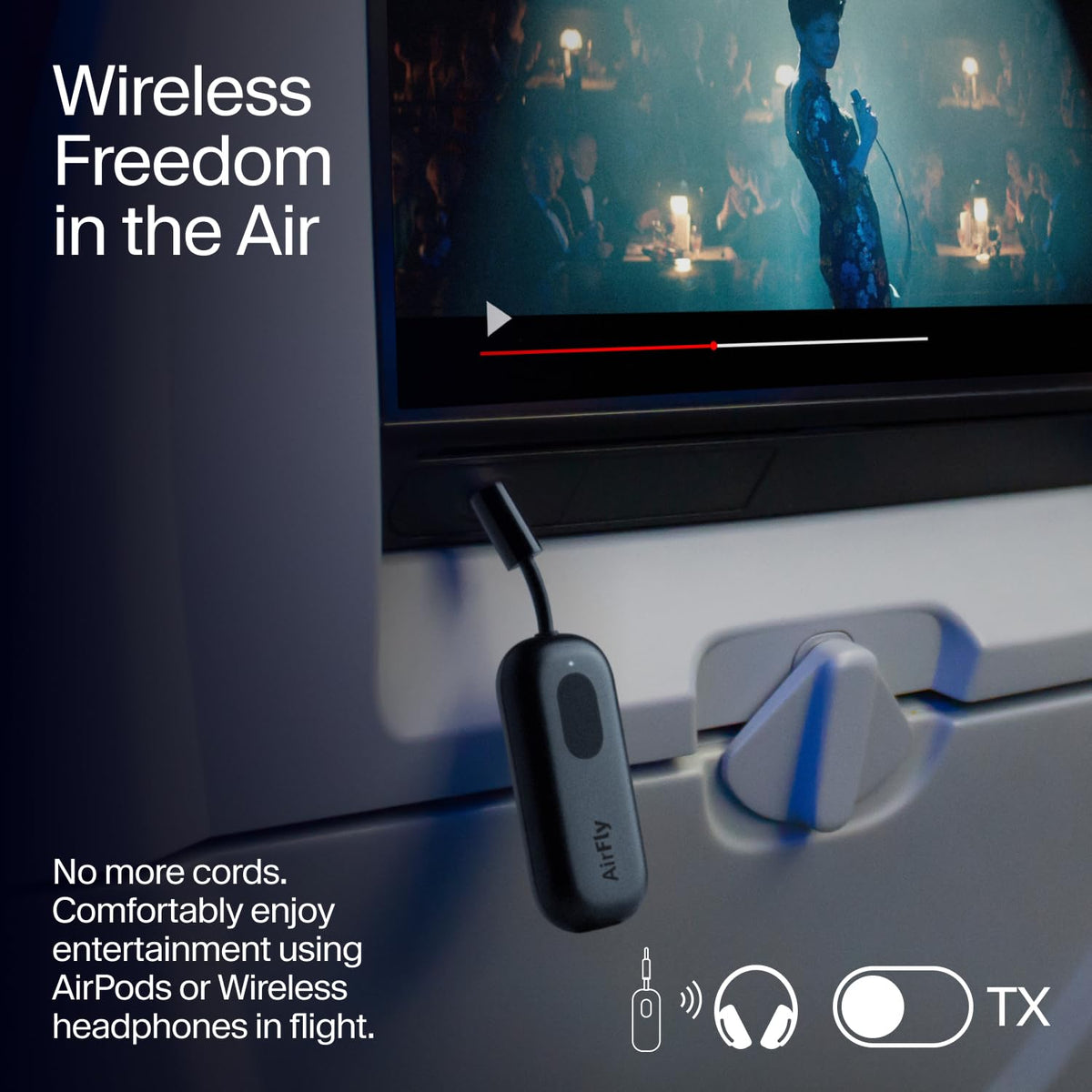 Twelve South AirFly Pro with AirPods on airplane demonstrating wireless in-flight audio