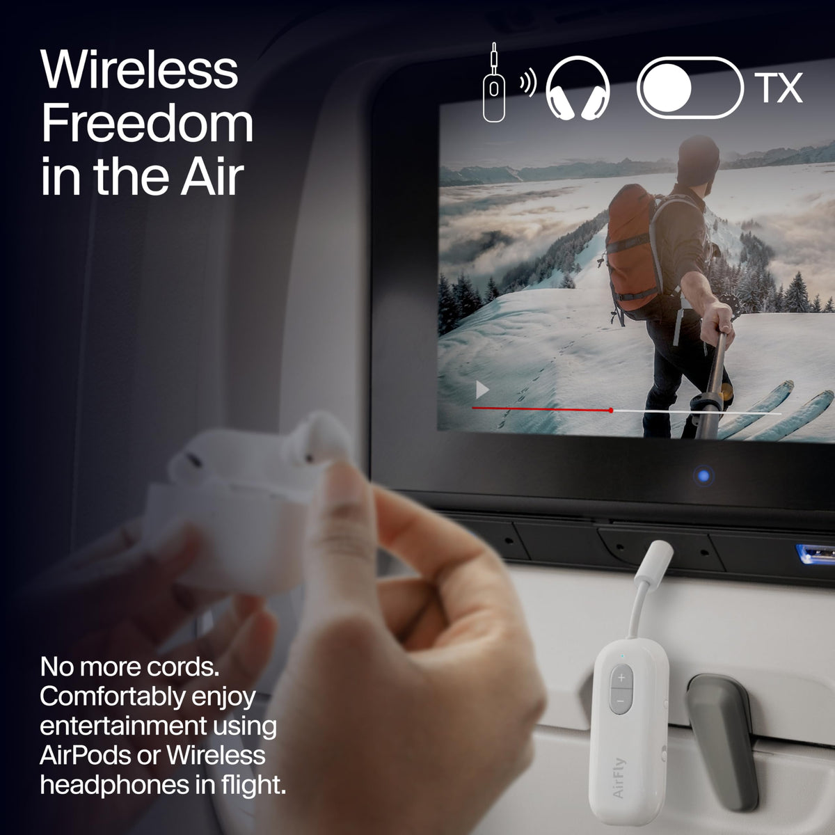 Twelve South AirFly SE beside AirPods demonstrating wireless connection convenience