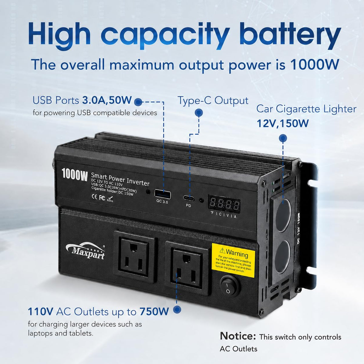 TWING 1000W inverter installation setup demonstrating car lighter hookup.