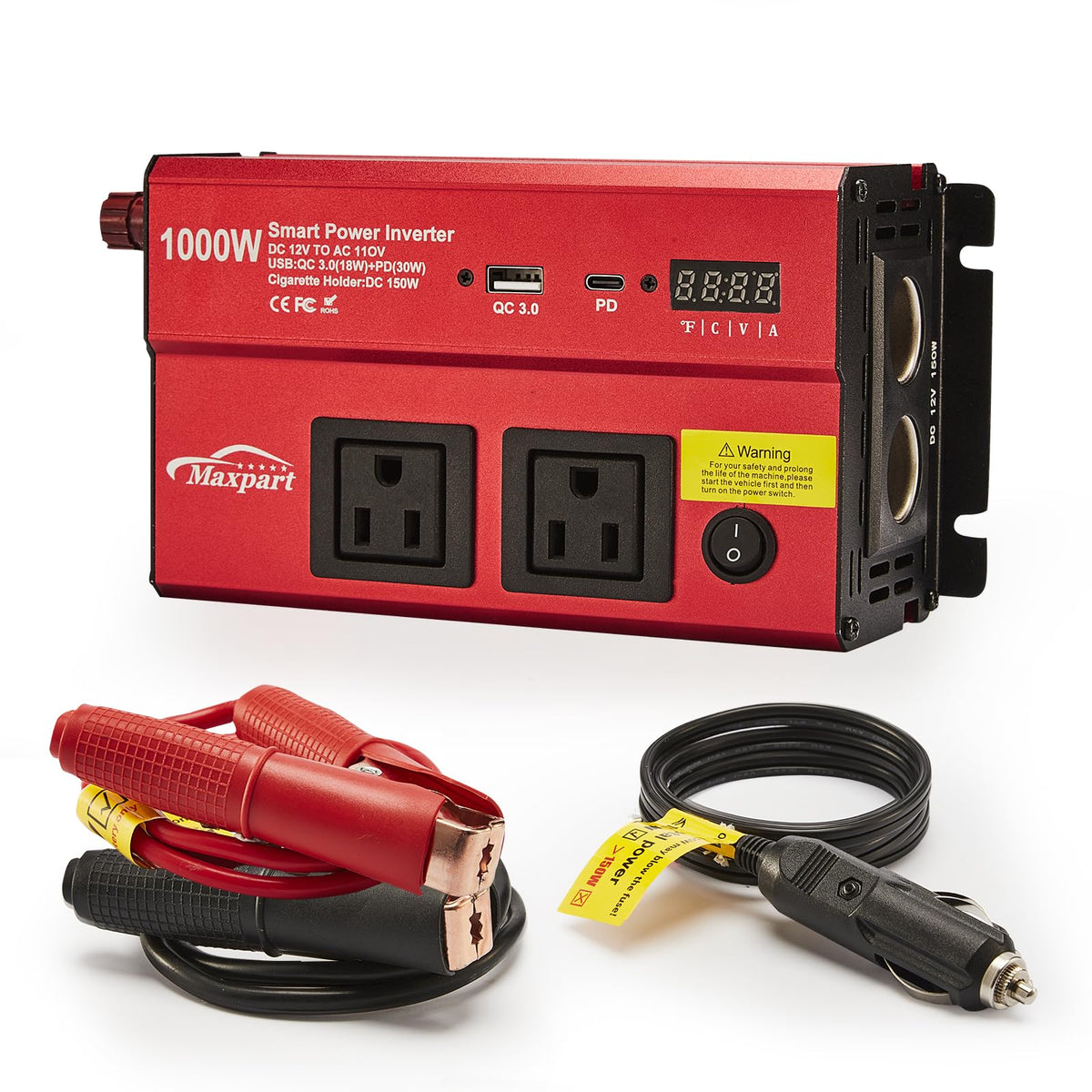 TWING car 1000W inverter front view with dual outlets for on-the-go power.