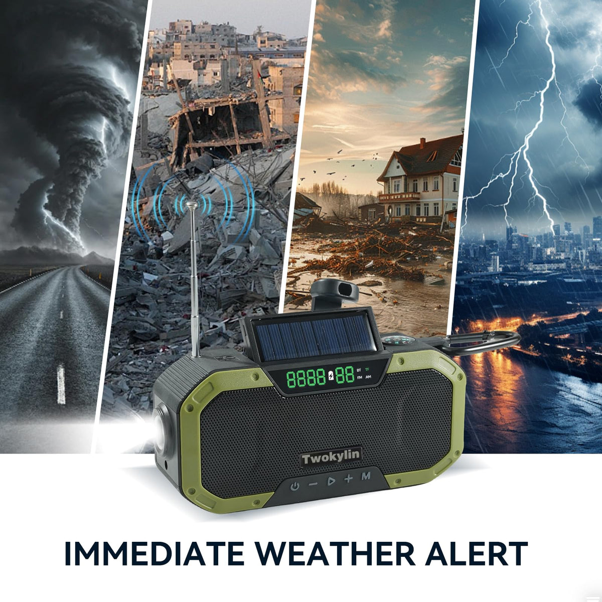 Twokylin emergency radio 3W flashlight reaches distant visibility.