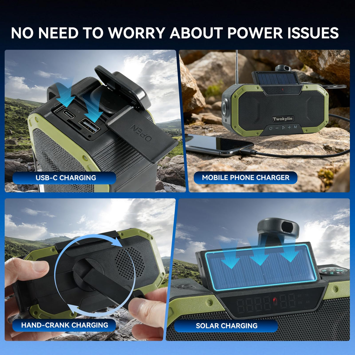 Twokylin emergency radio 5000mAh battery backup keeps devices powered.
