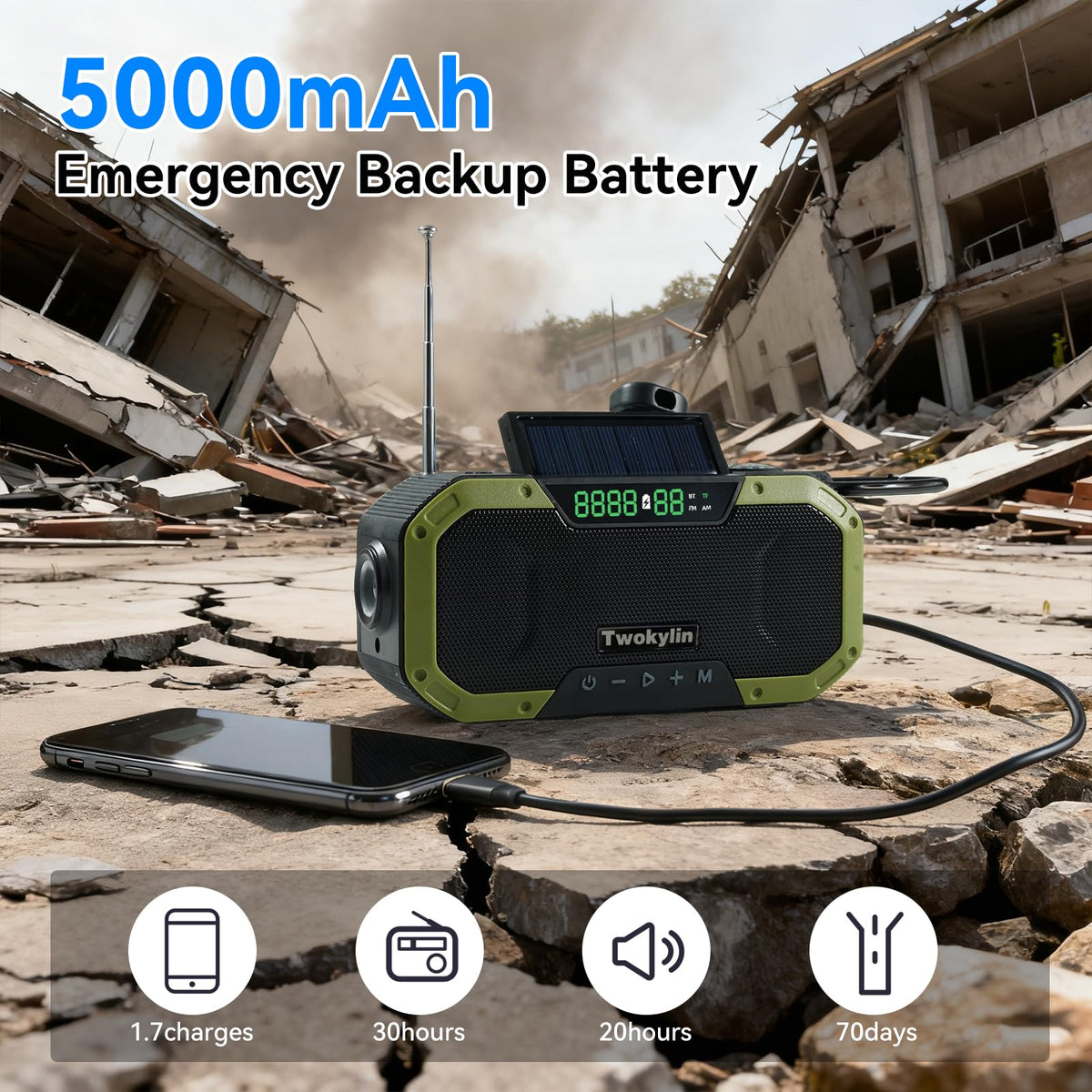 Twokylin emergency radio hand crank provides instant emergency charging.