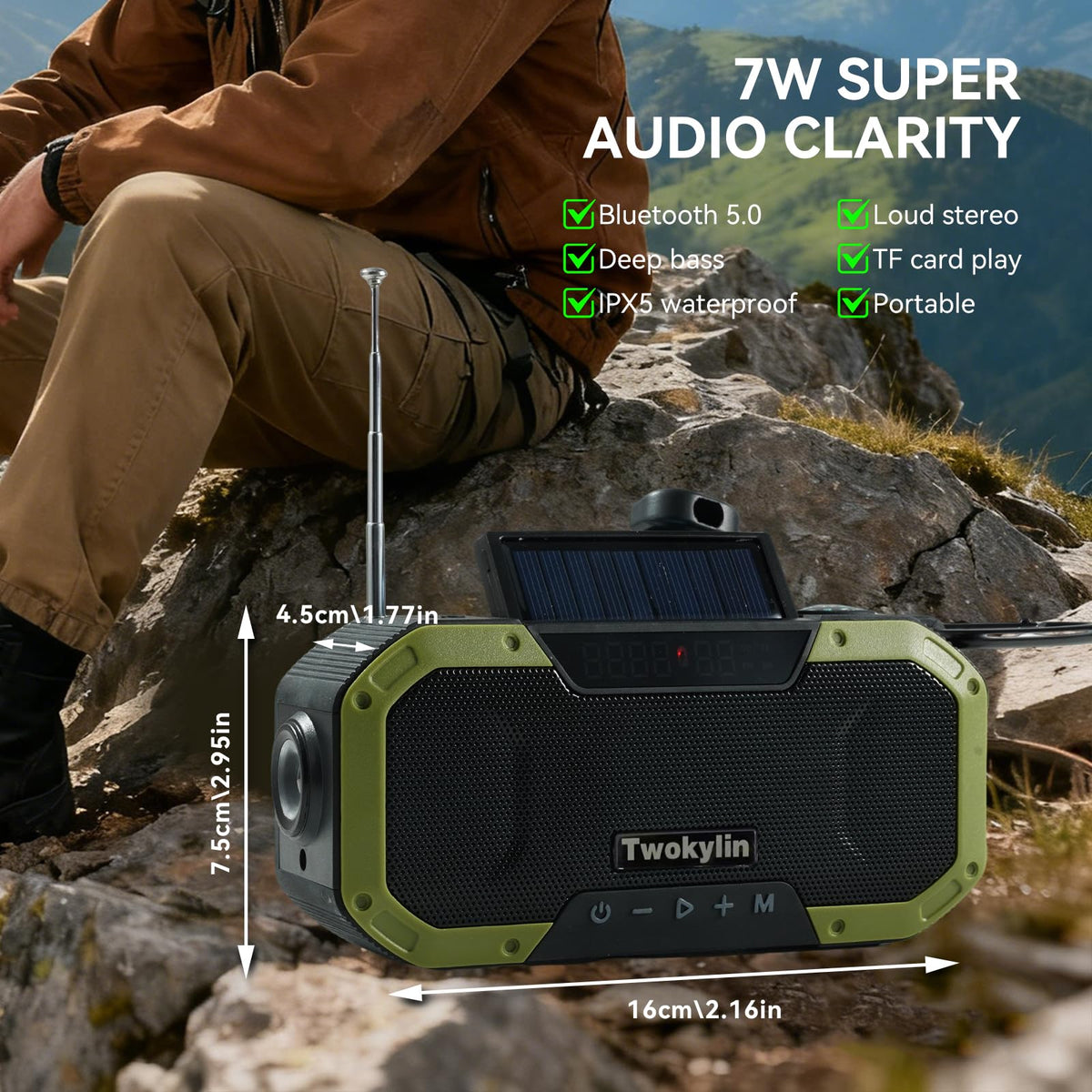 Twokylin emergency radio solar panel enables self-sustained charging on the go.