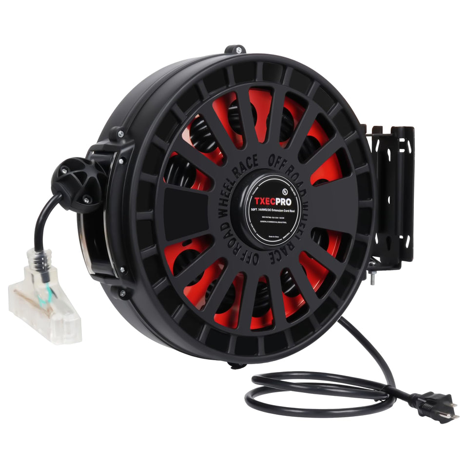 Txecpro retractable cord reel, 45ft, angled view showing extended reach for hard-to-reach outlets