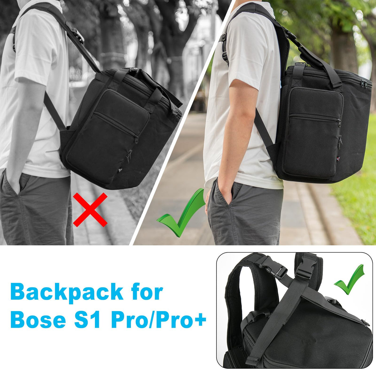 TXEsign person carrying Bose S1 Pro in shoulder strap for hands-free travel