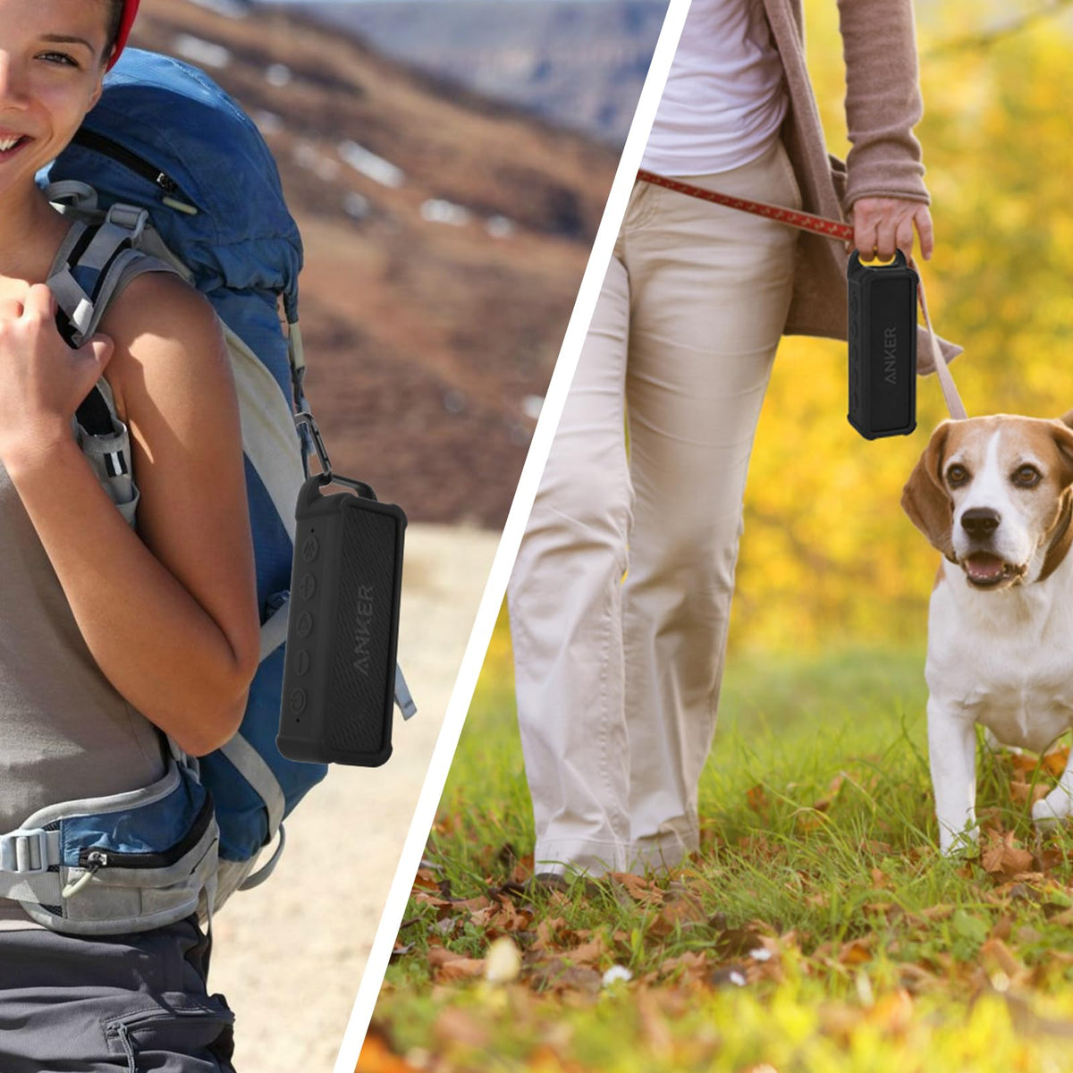 Metal carabiner attaches to the case for hands-free use for Soundcore 2.