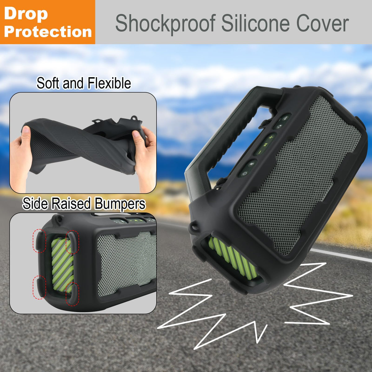 TXEsign Soundcore Boom 2 silicone cover with charging port cutout enables easy charging.