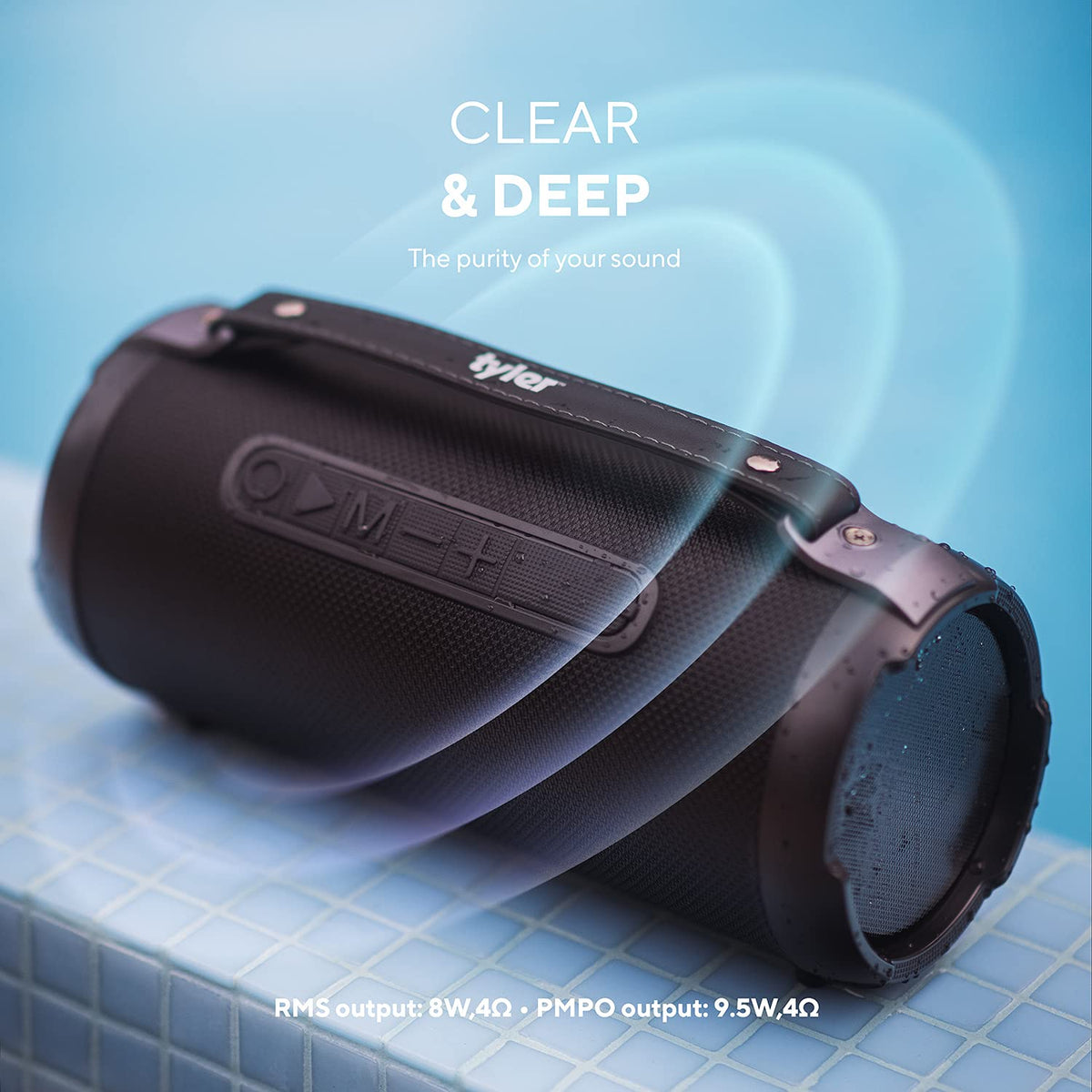 Tyler wireless speaker side view shows portable, durable outdoor-ready design.