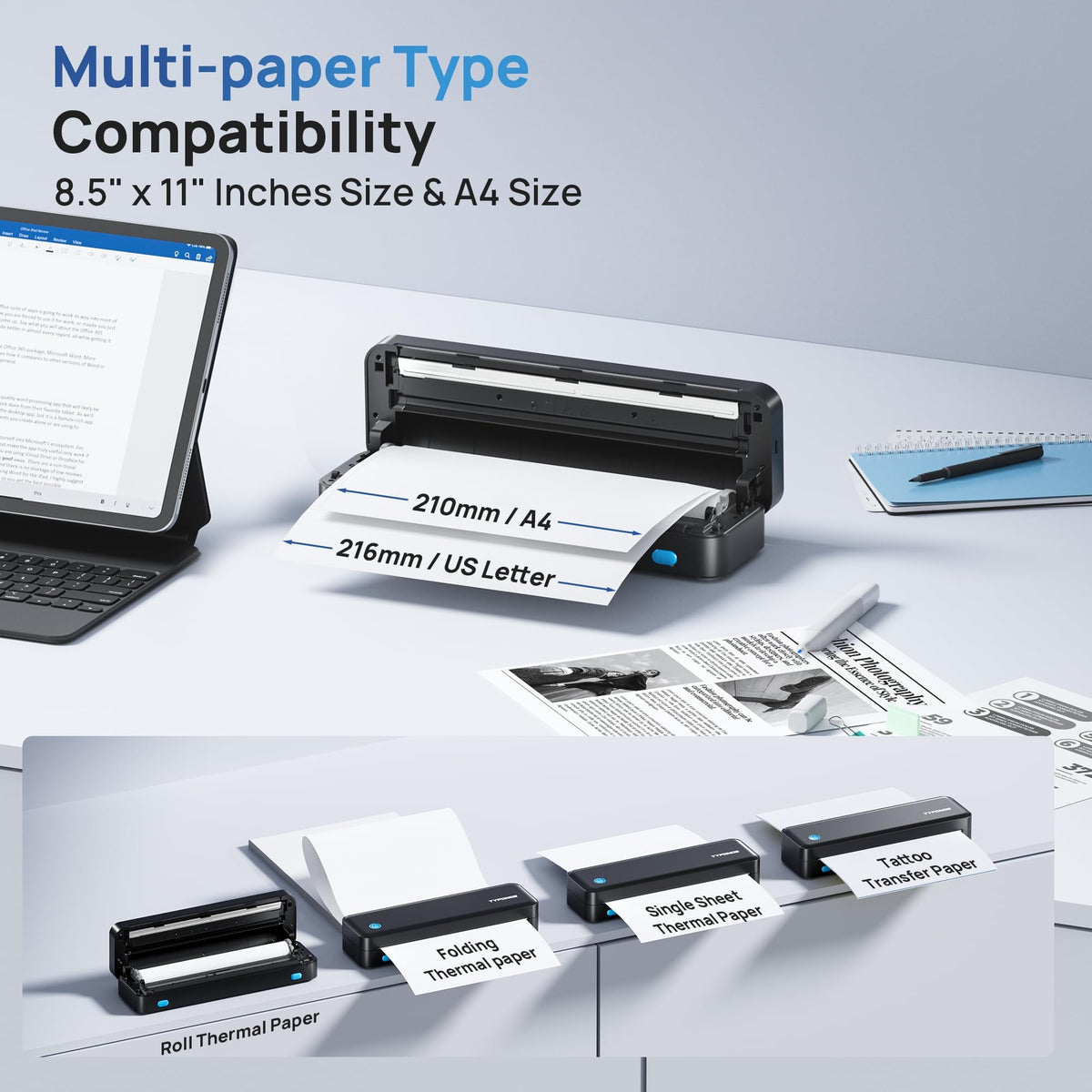 TYPONOS D820 open paper compartment highlighting tidy media storage benefit