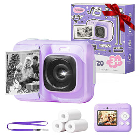 TYPONOS instant print camera front view in purple for kids' first photos and creative play