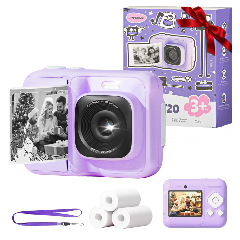 TYPONOS instant print camera front view in purple for kids' first photos and creative play