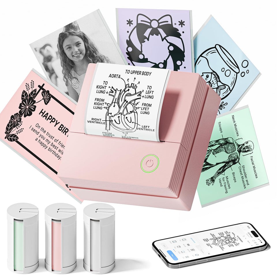 TYPONOS PM290 pink mini printer front view ready for on the go sticker printing