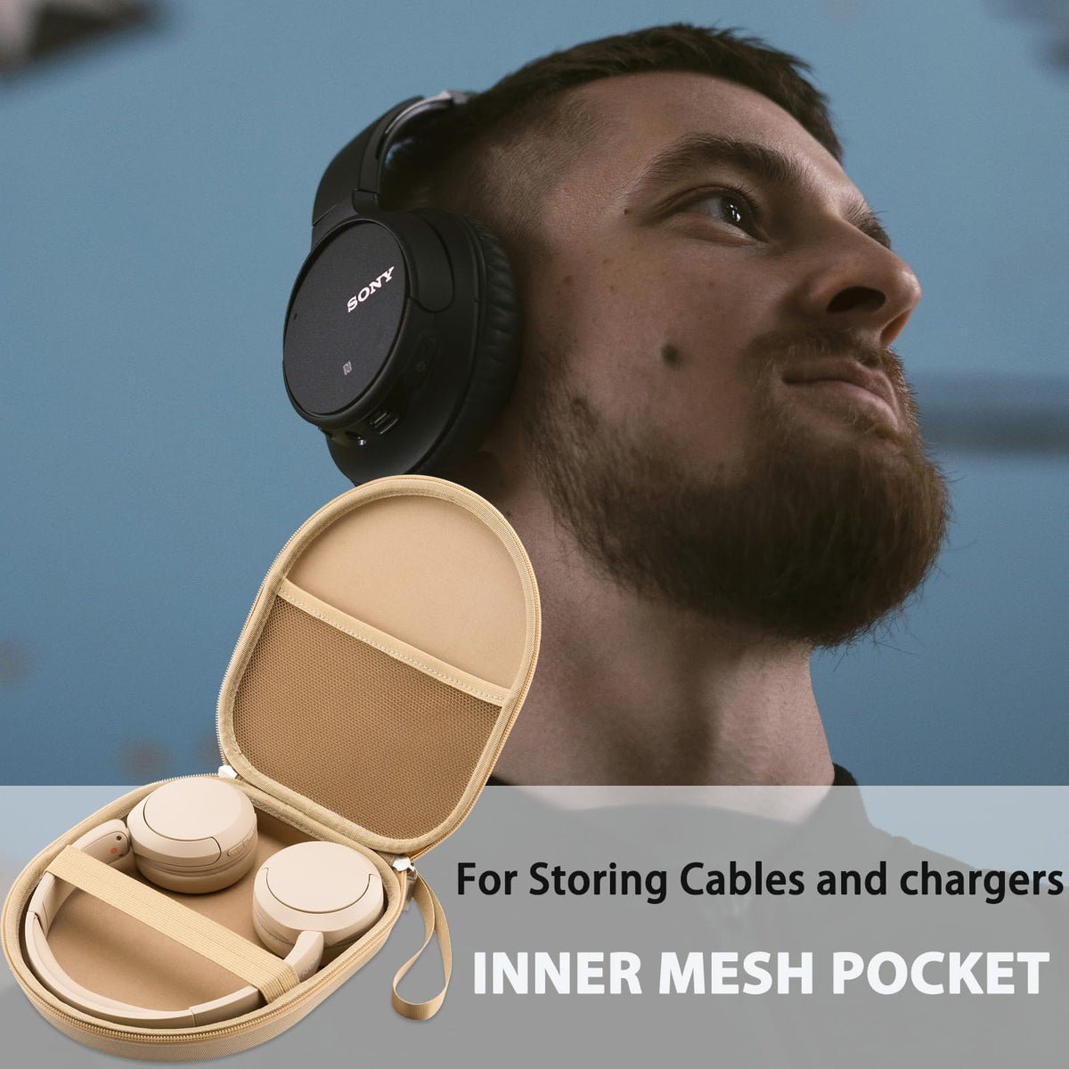 TYSORETY mesh pocket keeps cables and small accessories neatly organized.