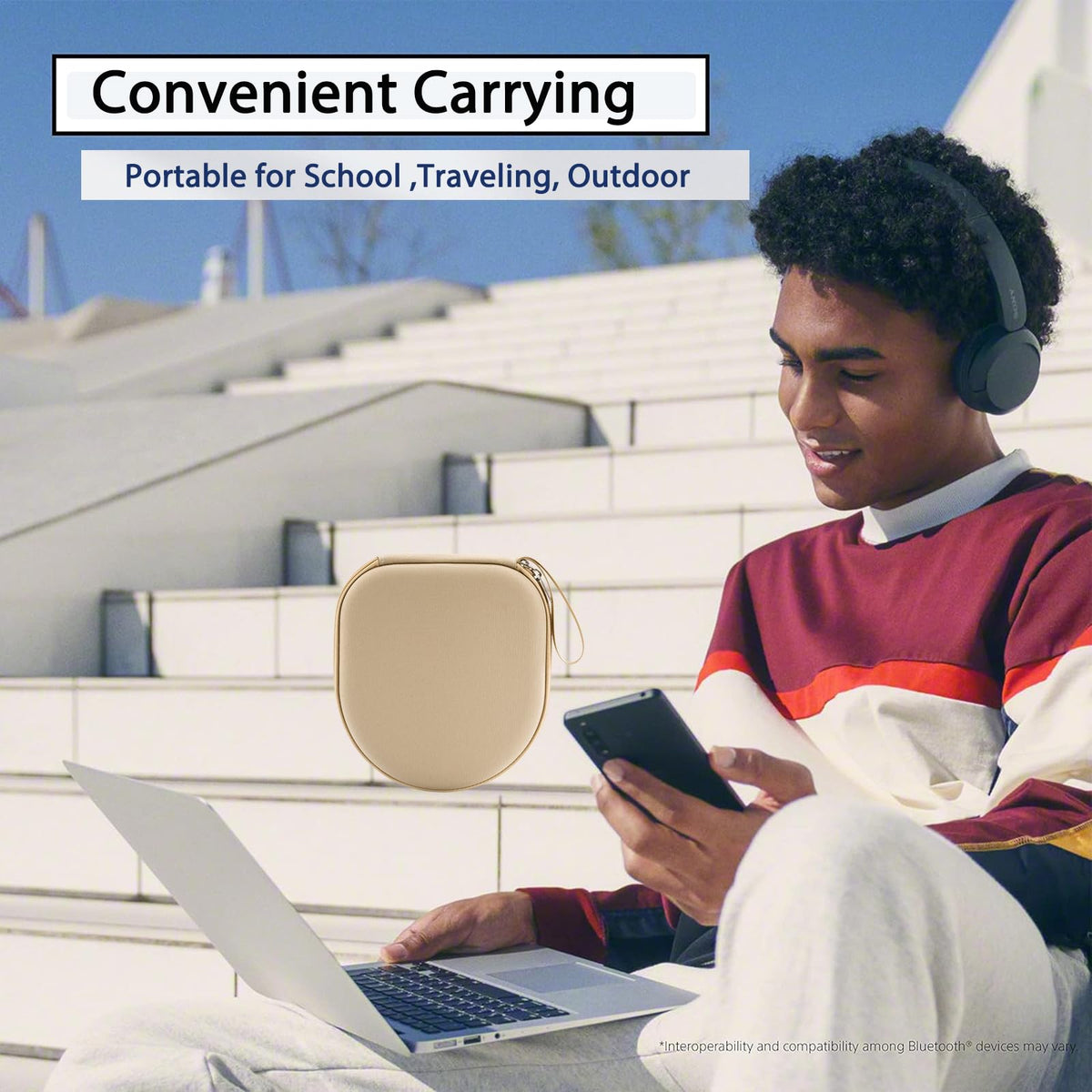TYSORETY beige travel case reduces luggage clutter and protects headphones during flights.