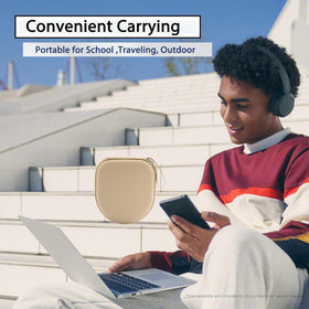 TYSORETY beige travel case reduces luggage clutter and protects headphones during flights.