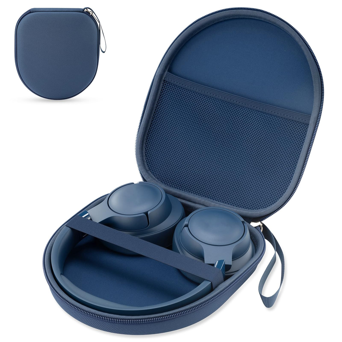TYSORETY blue headphone case front view showing compact travel-friendly design.
