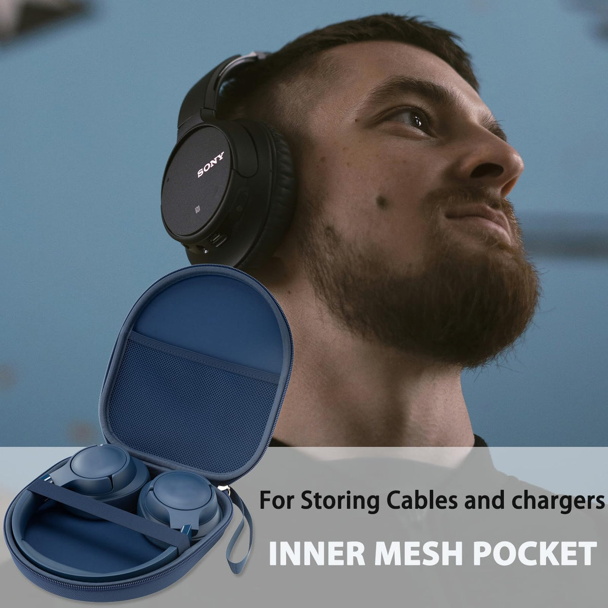TYSORETY blue case mesh pocket ideal for cables and small accessories.