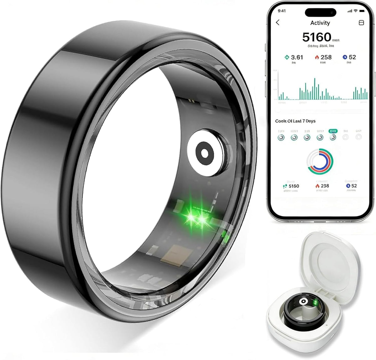 TYUIOL smart ring front view showing sleek black finish and compact profile