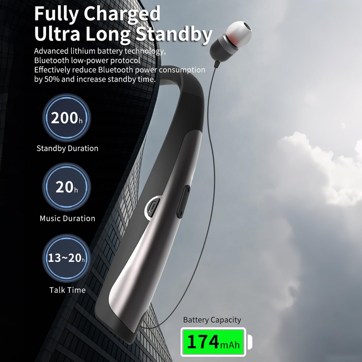 Tyxmere retractable earbuds close-up demonstrating tangle-free convenience
