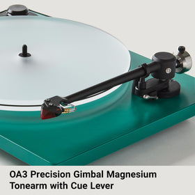 U-Turn Audio Orbit Special Turntable Green belt-drive closeup for quiet listening