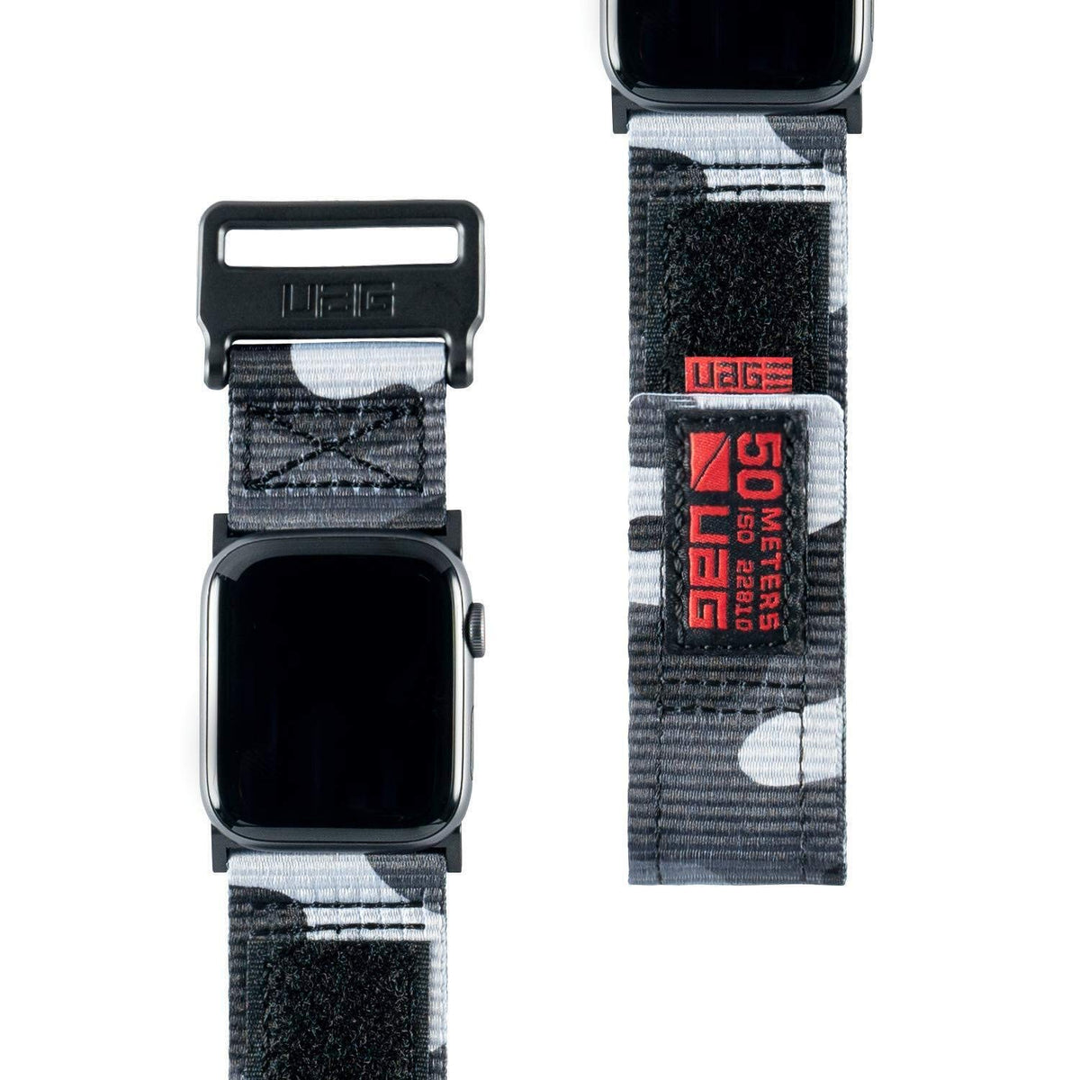 URBAN ARMOR GEAR Active Midnight Camo watch band 49mm close-up, rugged nylon weave for outdoor wear