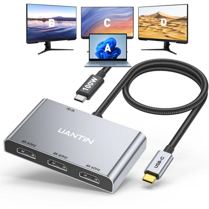 UANTIN adapter front view showing three HDMI ports and USB-C input for multi-monitor benefit