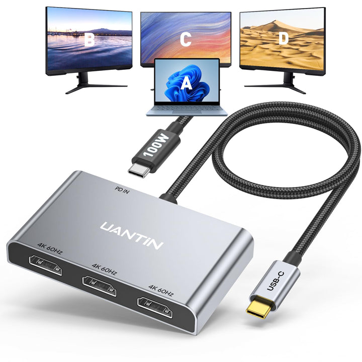 UANTIN adapter front view showing three HDMI ports and USB-C input for multi-monitor benefit