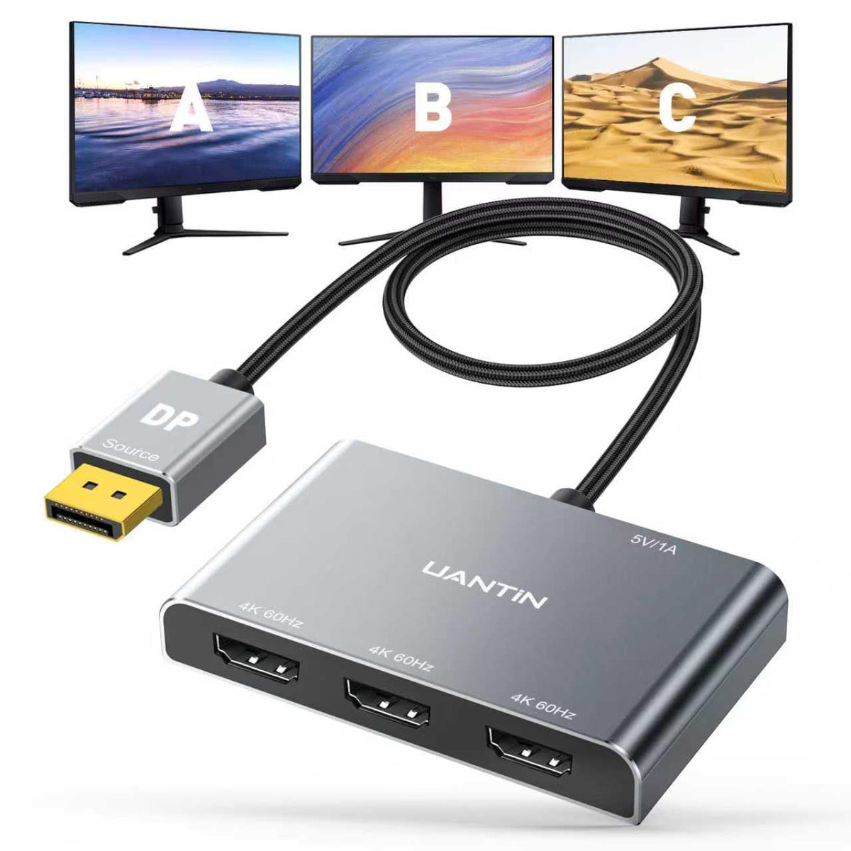 UANTIN front view of DP to HDMI splitter showing ports and compact design for desk organization