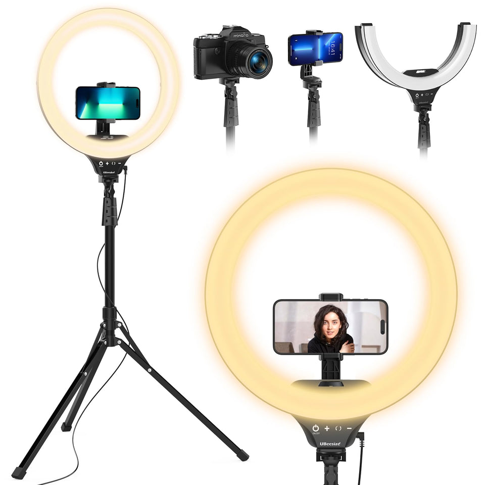UBeesize front view of folded ring light showing compact portability and bright results