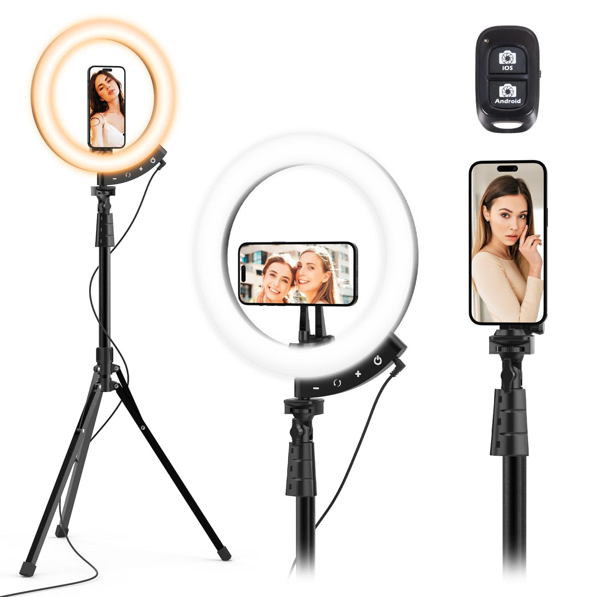 UBeesize front view of ring light and tripod showing stable setup and even illumination