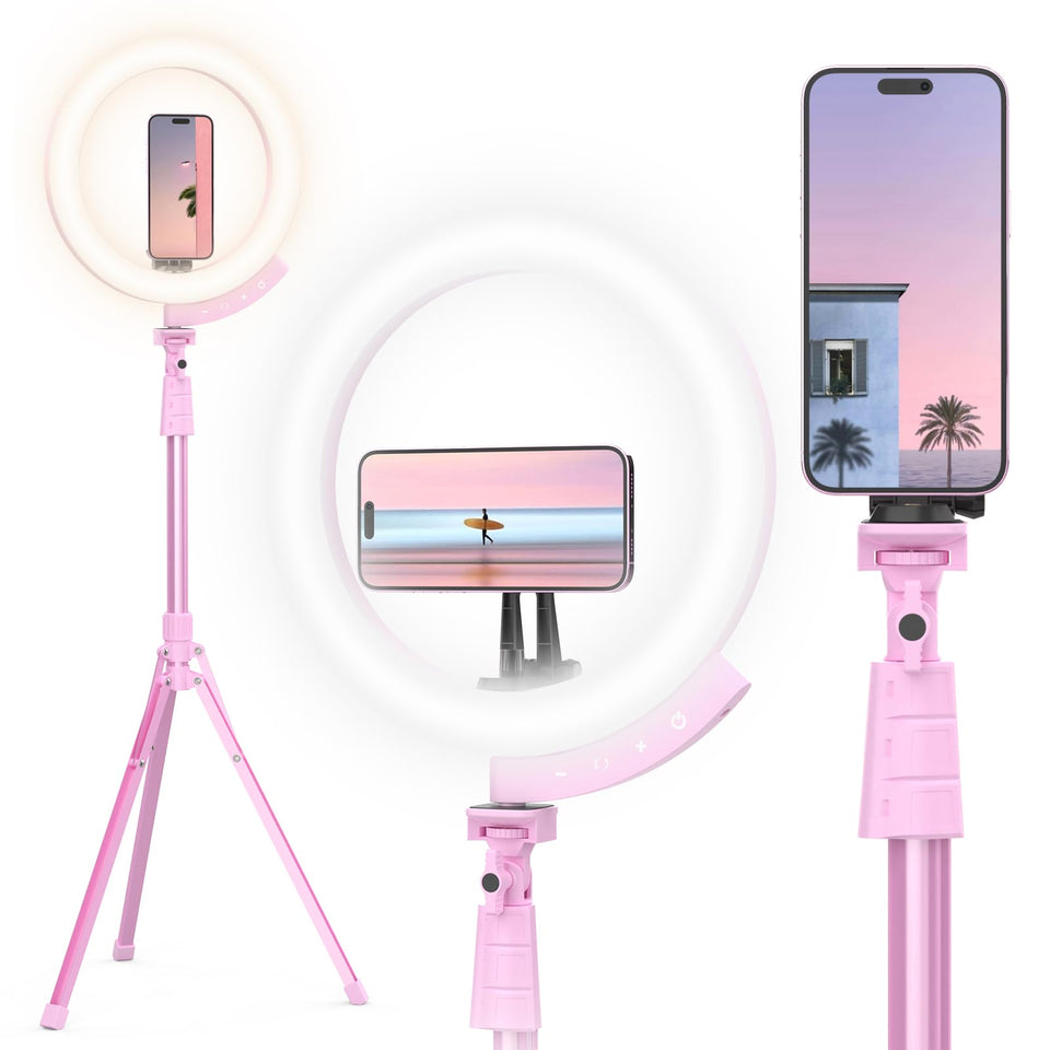 UBeesize ring light front view in pink showing full LED ring and even glow benefit