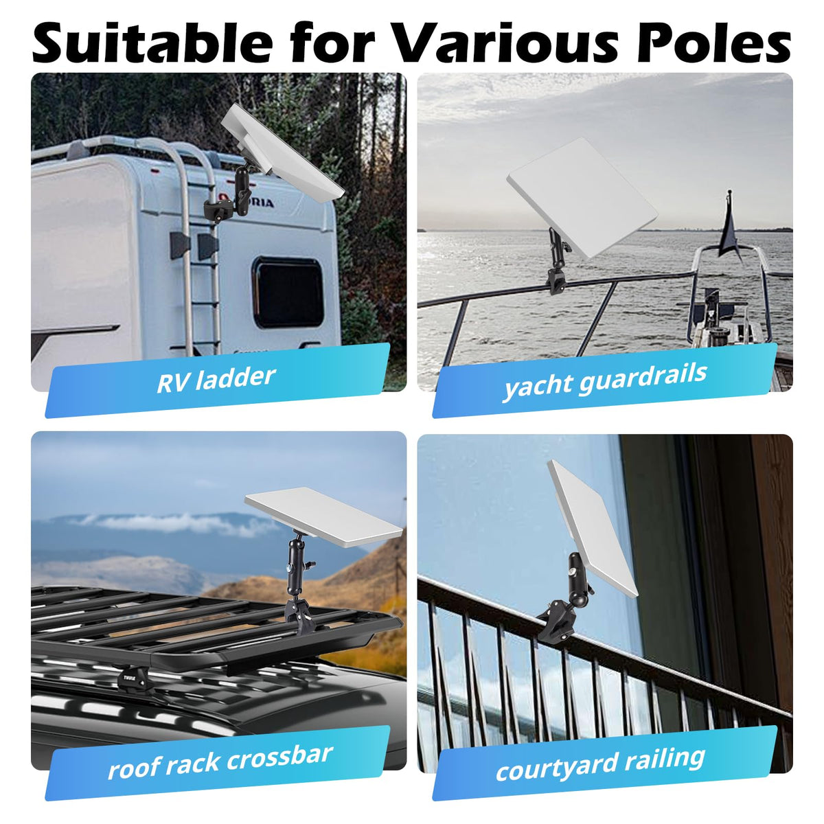 UBeesize Starlink Mini Mount on roof rack for versatile outdoor mounting on boats and trailers.